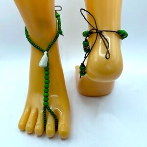 Wooden bead, barefoot sandals with white tassels